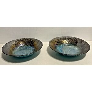 Art Glass Turkish Round Iridescent Multicolored Waffle Bowl Set Of 2 Goofus 8.5"